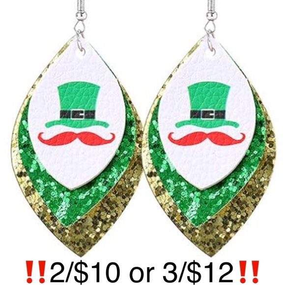 St. Patrick’s Day Hat & Mustache on Green Glitter Layered Faux Leather Earrings - Picture 1 of 6